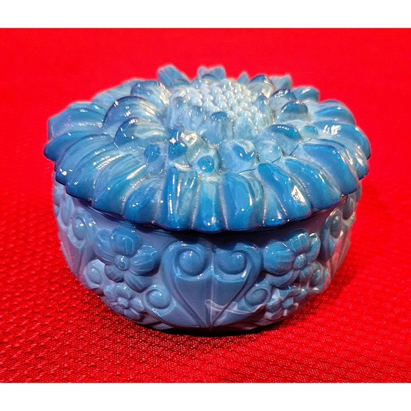 Reidel Bohemian Czech Blue Malachite Glass Powder Box SunFlower Design - Picture 1 of 8